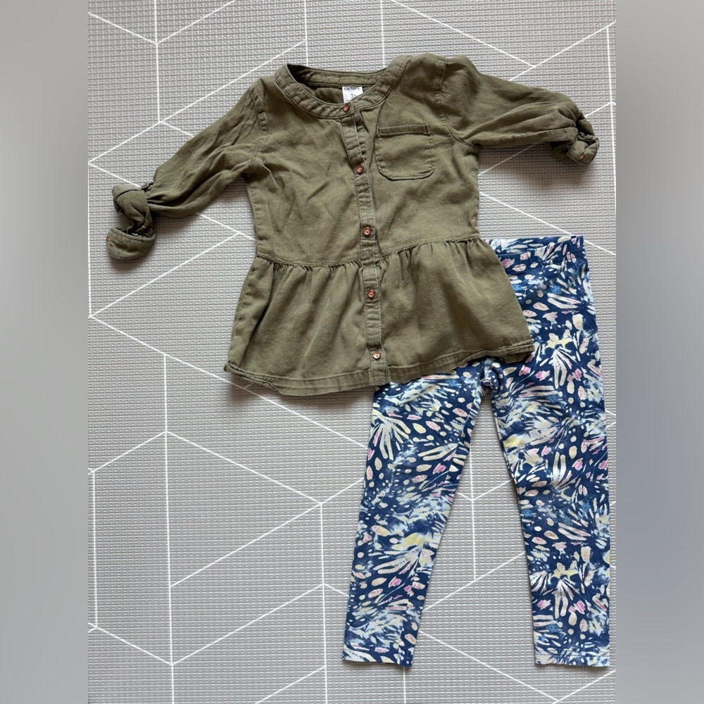 Carters|Baby girl/toddler Olive Green button down shirt and floral leggings•3T